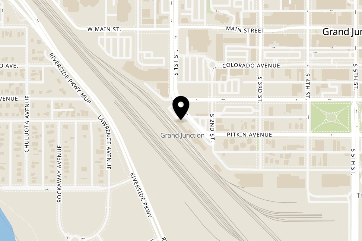 Map showing the location of Pufferbelly Station Restaurant on 337 S 1st St in Grand Junction